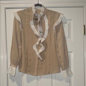 The Fold London Elegant Tan Blouse with White Ruffle Details